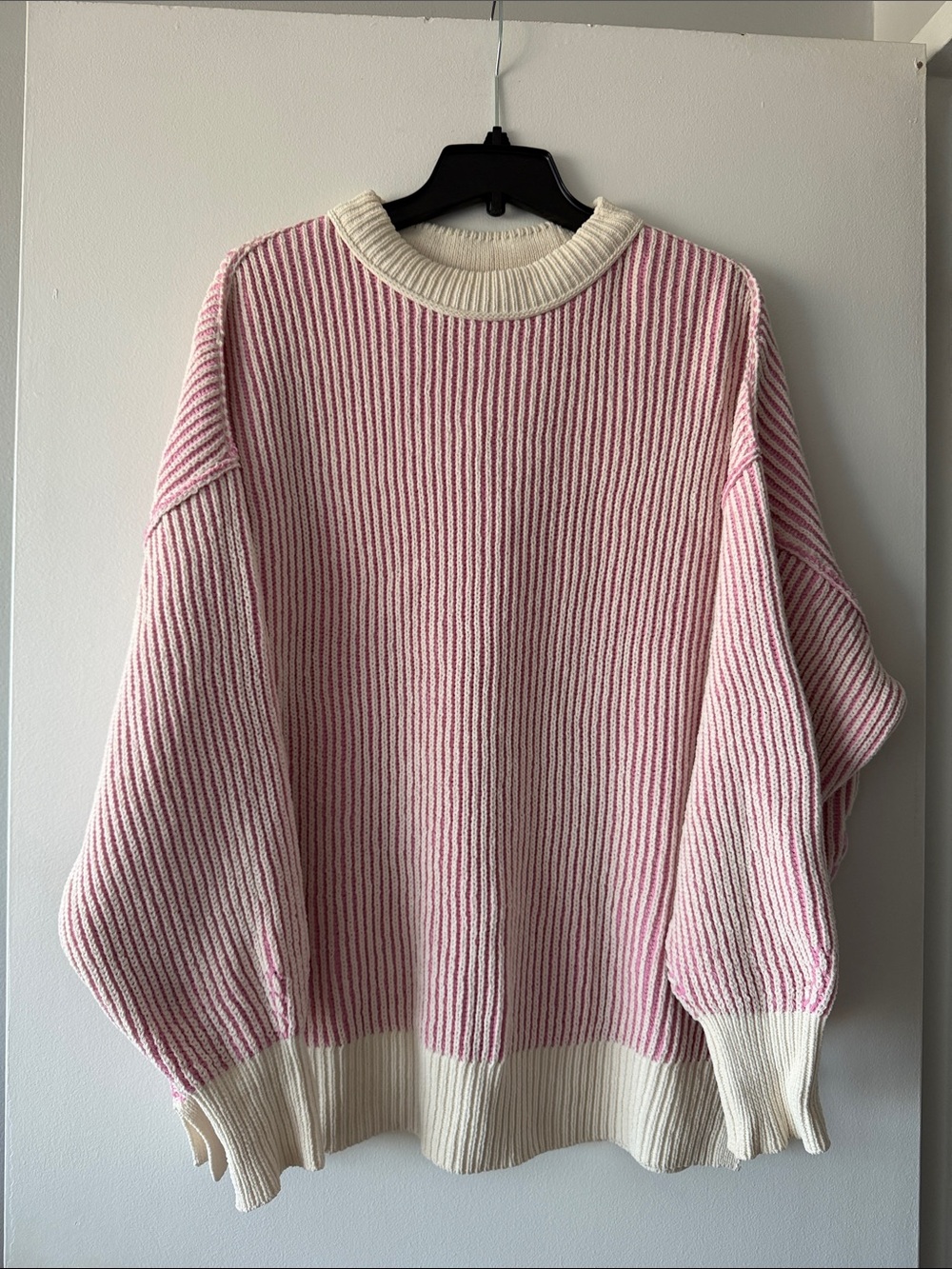 NWT Aerie Pink Cream Striped Ribbed Knit Oversized Slouchy Crewneck Sweater M